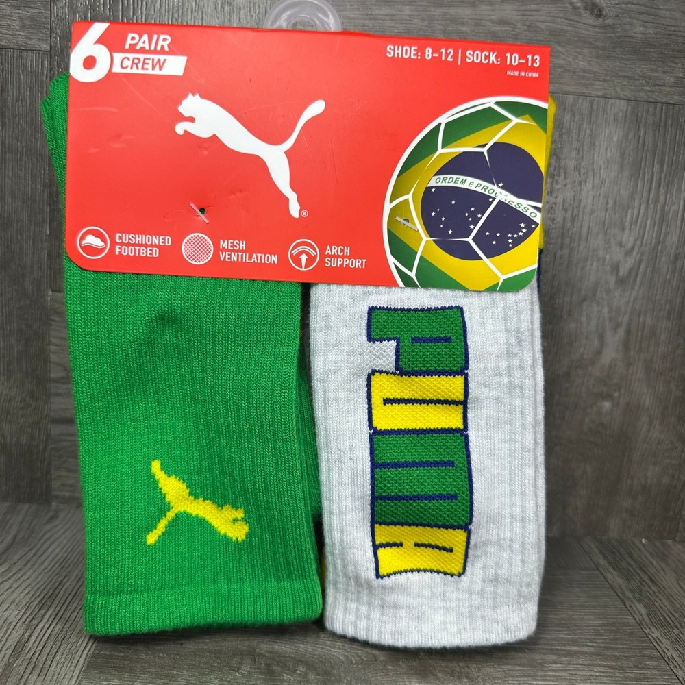Puma Crew Socks Men 8-12 Brazil Green Yellow White Athletic‎ 6 Pair Pack NEW